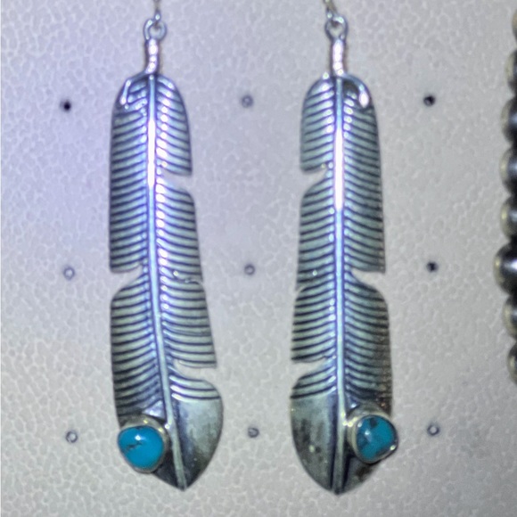 COPY - COPY - Southwestern Sterling turquoise, feather, dangle, earrings - Picture 3 of 9